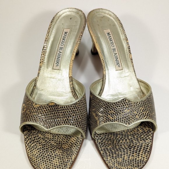 Manolo Blahnik Lizard Roccia Pattern Natural Leather Sandles - Picture 8 of 9